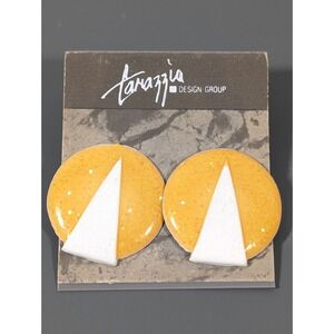 Vintage Tarazzia Yellow White Geometric Enamel Earrings Pierced Triangle Round